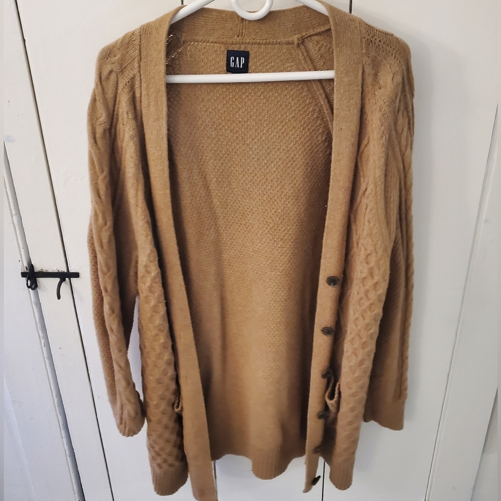 GAP Camel Brown Open Front Cable Knit Cardigan